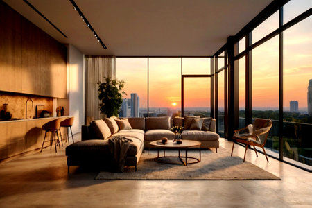 Luxury living room interior with panoramic view on the city. 3d rendering