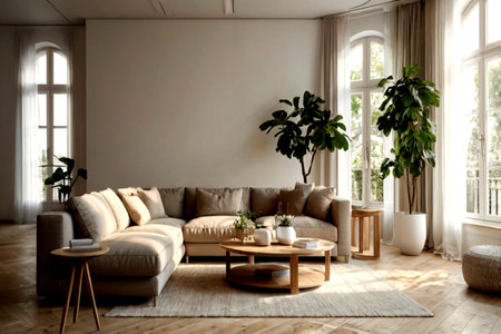 Living room interior with sofa and coffee table. 3d render.