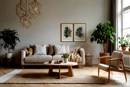 Interior of modern living room with grey sofa, coffee table and plants