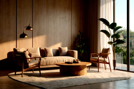 Interior of modern living room with wooden wall, sofa and armchairの写真素材