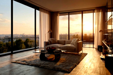 Modern living room interior with large window overlooking the city. 3d render