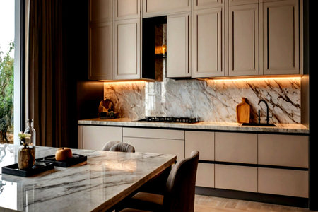 interior of modern kitchen in luxury villa with marble and white furniture