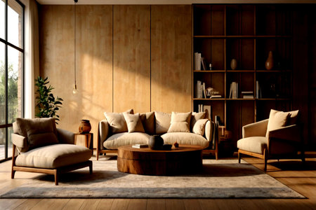 Interior of modern living room with wooden walls, wooden floor, comfortable beige armchairs and...