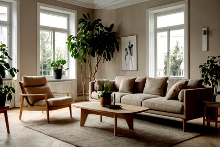 interior of modern living room with beige sofa and coffee table