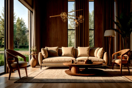 Interior design modern living room with brown sofa 3d rendering imageの写真素材