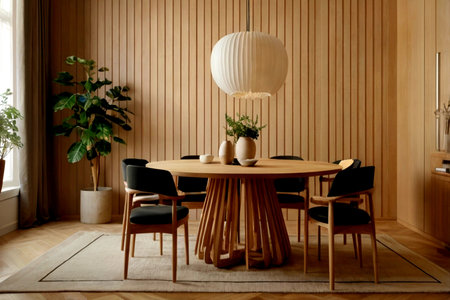 Interior of modern dining room with wooden walls and wooden floor.