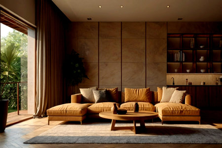 Interior of modern living room with brown sofa and coffee table. 3d render