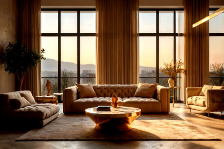 Interior of modern living room with big windows, sofa and coffee table