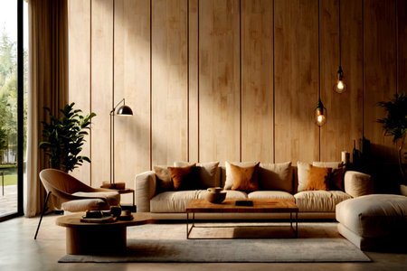 Interior of a modern living room with a sofa and a coffee table