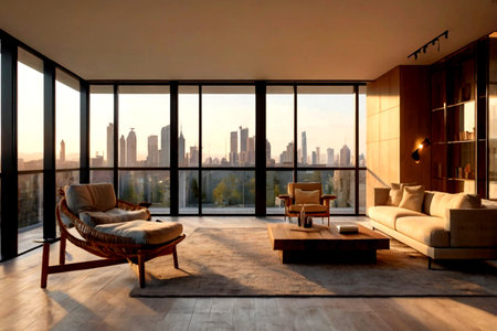 Modern living room interior with panoramic viewの写真素材