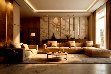 Interior of a modern living room with beige sofas