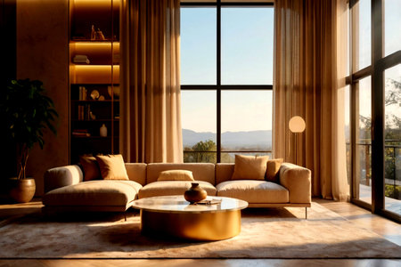 Luxury living room with a large window overlooking the valley.