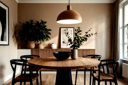 Interior of a modern dining room with wooden table and black chairs
