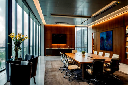 Interior of a modern conference room with wooden walls and large windows