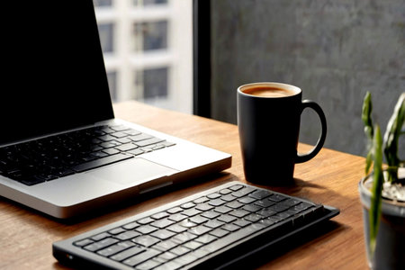 Coffee cup and laptop on wooden table in home office.