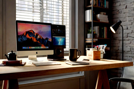 Workplace with computer and coffee cup on wooden table in modern office