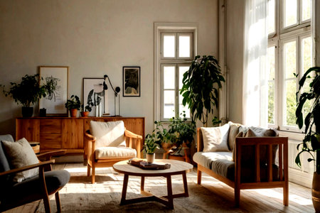 interior of living room with wooden furniture and green plants in pots