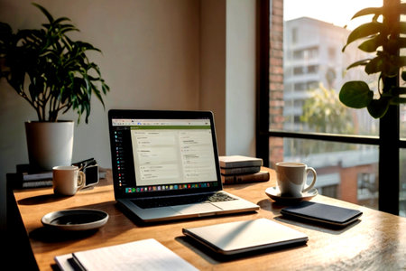 Laptop and coffee cup on wood table at home office. Work from home concept.