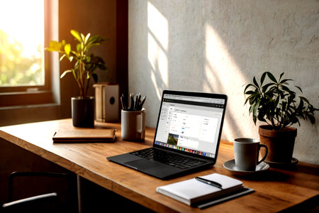 Workplace with laptop and coffee cup on wooden table in modern office