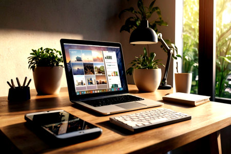 Laptop computer and mobile phone on wooden table in modern office.