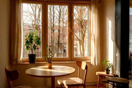 Interior of a cozy cafe with a large window and wooden furniture