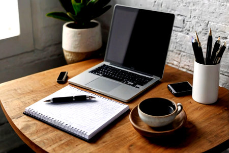 Working place with laptop, coffee cup, notebook and smartphone on wooden table