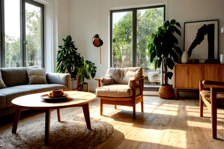 interior of modern living room with sofa, coffee table and plants