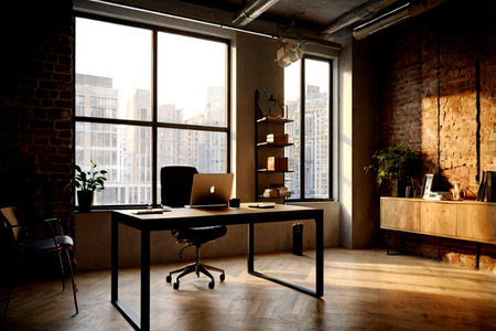 Modern loft office interior with brick walls, wooden floor, panoramic window and computer table. 3d...