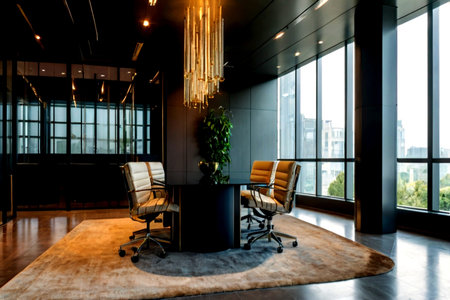 Interior of modern office with wooden and glass walls. Nobody inside