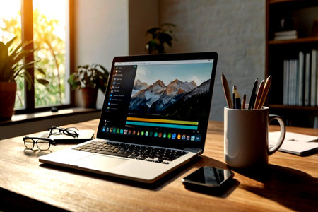 laptop computer with smart phone and coffee cup on wooden table in office