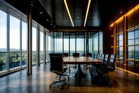 Interior of a modern office building with panoramic windows and wooden floor