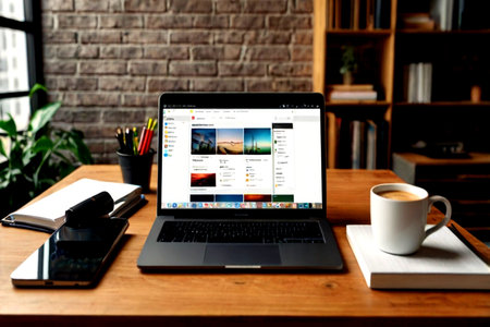 The MacBook Pro Retina is displayed on a desk in an office environment, showcasing a modern...