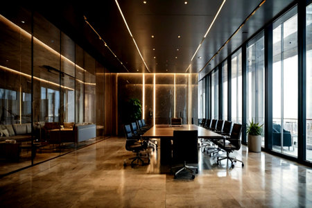 Interior of a modern conference room with glass walls and concrete floor.