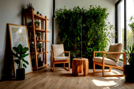 Interior of modern living room with wooden furniture and green plants.