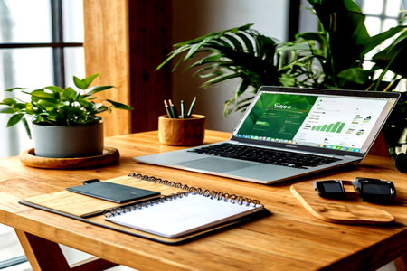 Laptop and notebook on wooden table in modern office. Work from home concept.