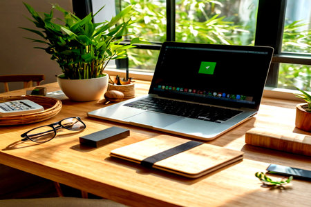 Laptop and smartphone on the wooden desk in home office. Work from home concept.
