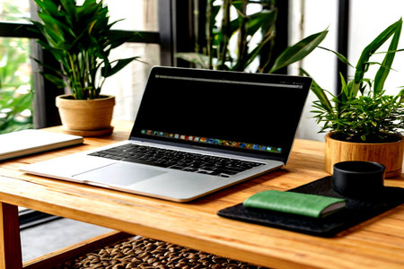Laptop with blank screen on wooden table at home office, stock photo