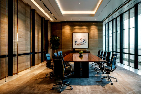 Interior of a modern conference room, meeting room with wooden table