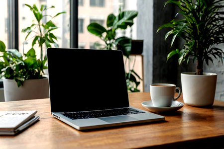 Laptop with blank screen and coffee cup on wooden table in office