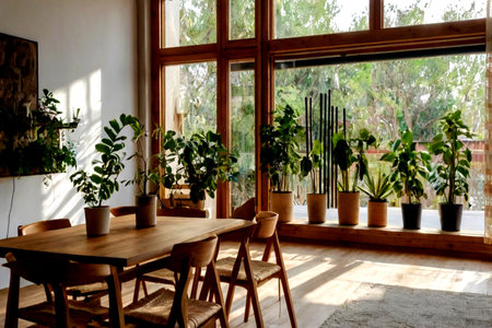 Interior of a room with a wooden table, chairs and plants