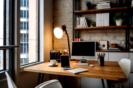 Modern workplace with computer, coffee cup and other items on wooden table in office