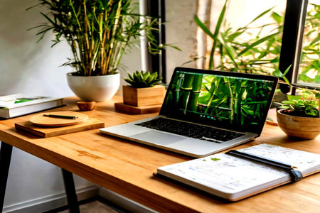 Workplace with laptop, notebook and houseplants on wooden table