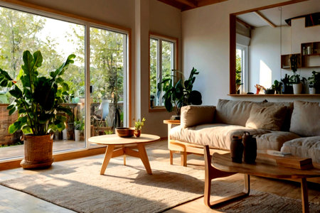 Interior of a modern living room with sofa, coffee table and plantsの写真素材