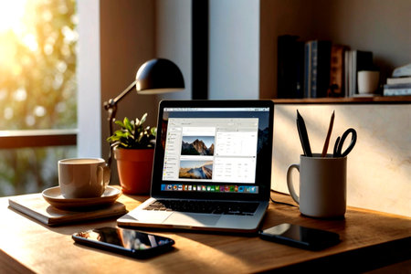 Modern workspace with laptop computer and coffee cup on wooden table in morning sunlight.