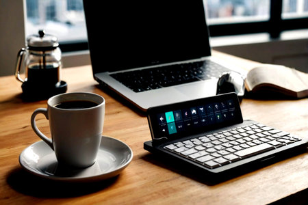 Coffee cup and laptop on the wooden table. Coffee break concept