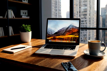 Workplace with laptop and coffee cup on wooden table in modern office