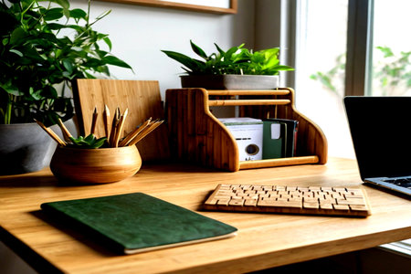 Wooden office desk with laptop, stationery and green plant.