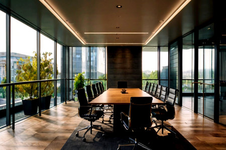 Modern conference room interior with glass walls and wooden floor. Nobody inside