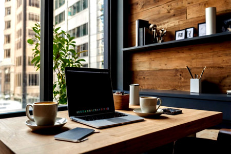 Workplace with laptop and cup of coffee on wooden table in cafe