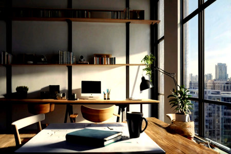 Designer workspace with computer, coffee cup, eyeglasses and other items